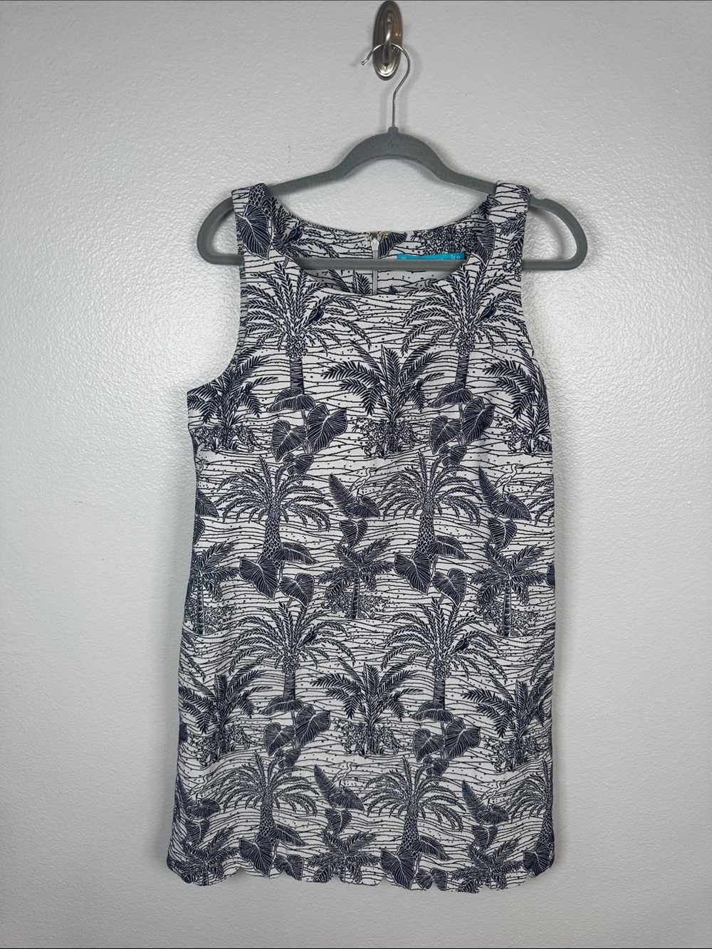 Tori Richard Navy Palm-Print Textured Sleeveless Shift Dress Pockets Size 10